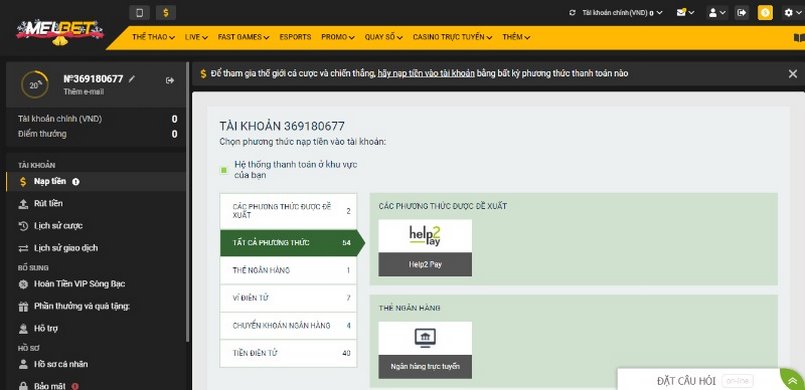 Nạp tiền siêu dễ dàng vào nhà cái chuyên nghiệp đỉnh cao Melbet