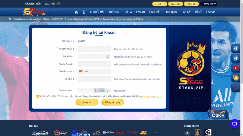 Đăng kí tài khoản tại St666